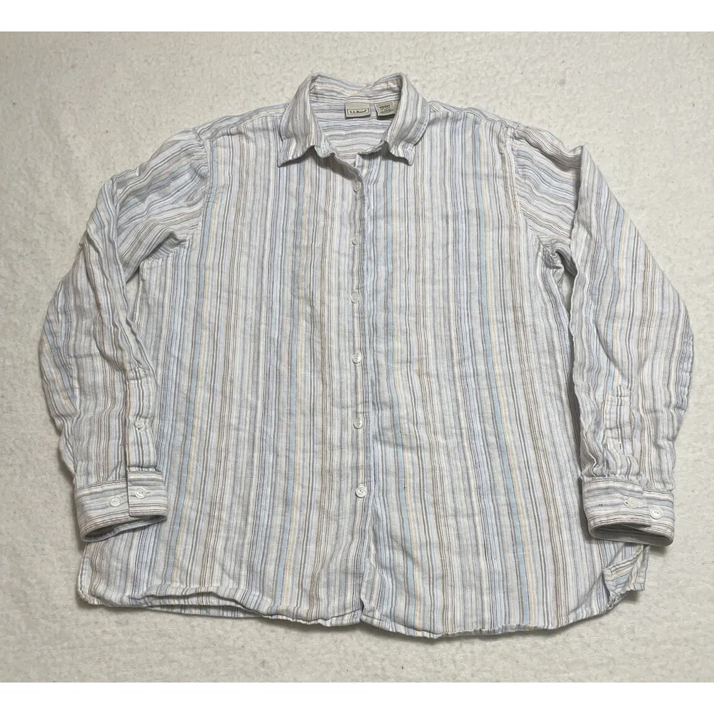 LL Bean Shirt Top Women's Medium Multicolor Linen Long Sleeve Striped Blouse